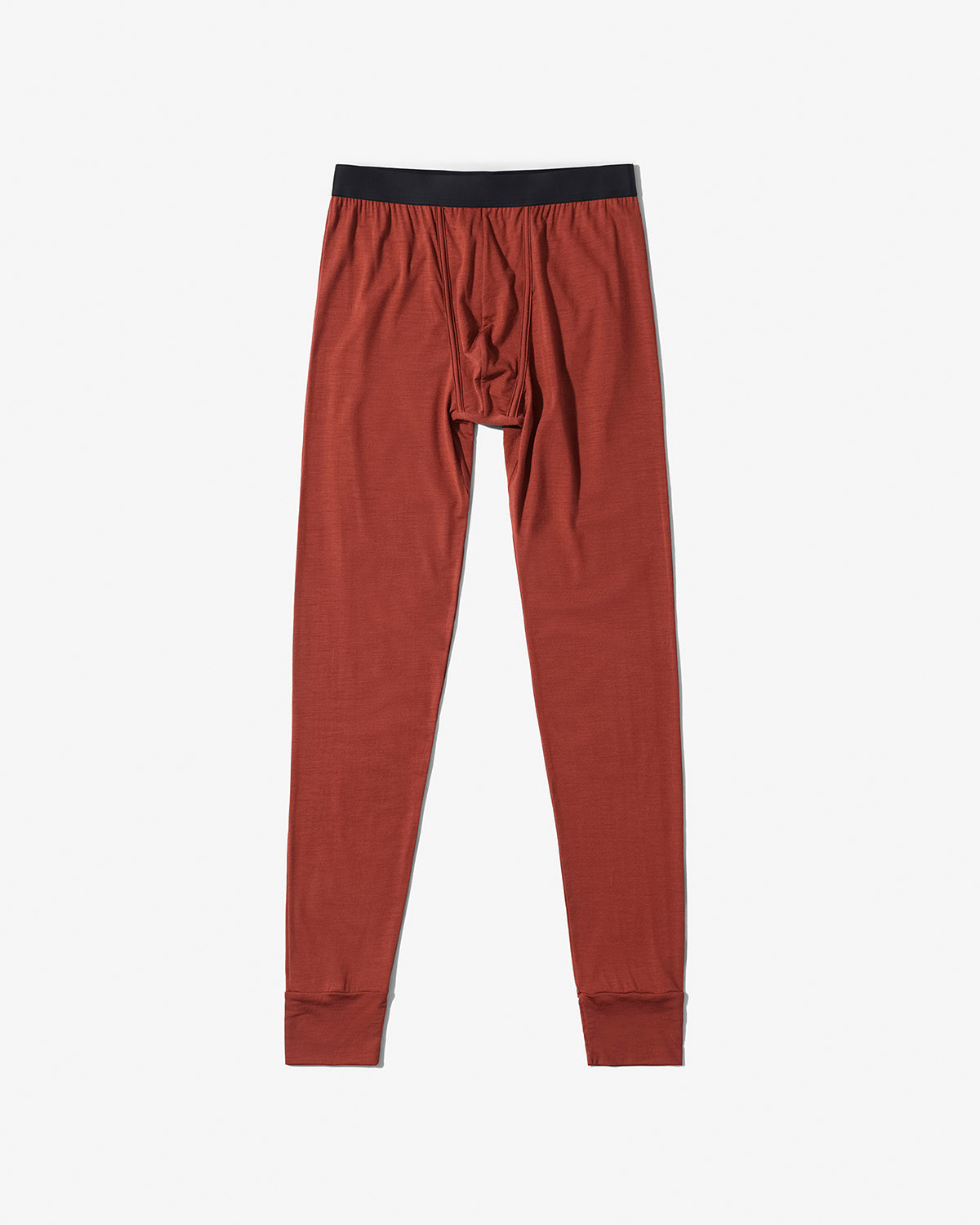 CDLP Merino Blend Long Johns in Rust shown flat against a light background, highlighting their smooth fabric and signature waistband.