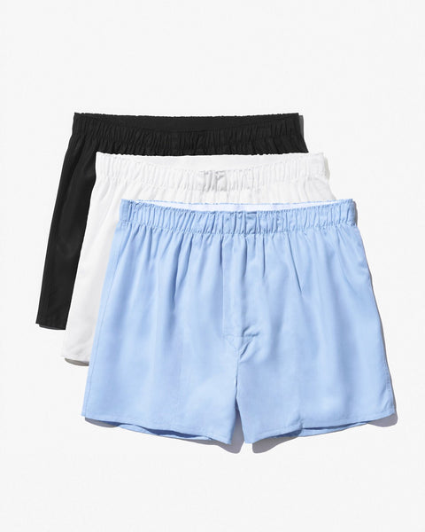 3 x Men's Woven Boxer Shorts Classic in Black, White, Sky Blue