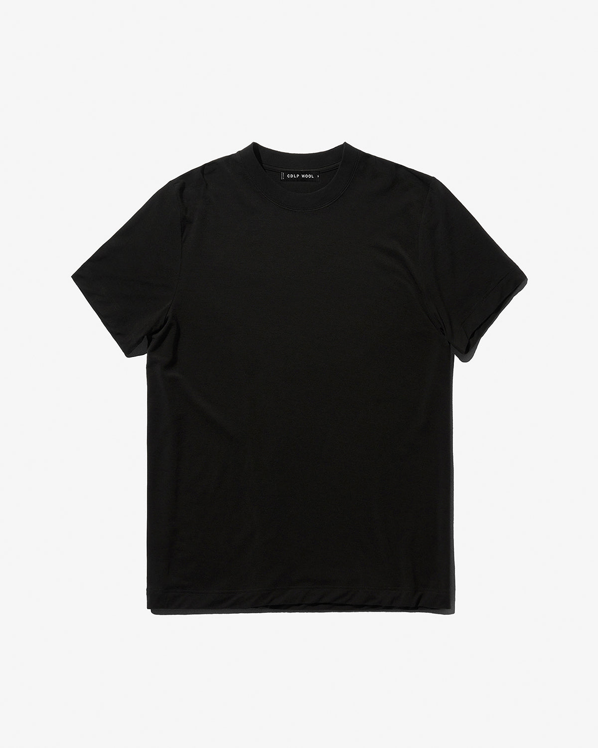 Our black Merino Blend T-Shirt featuring a classic crew neck laid flat.