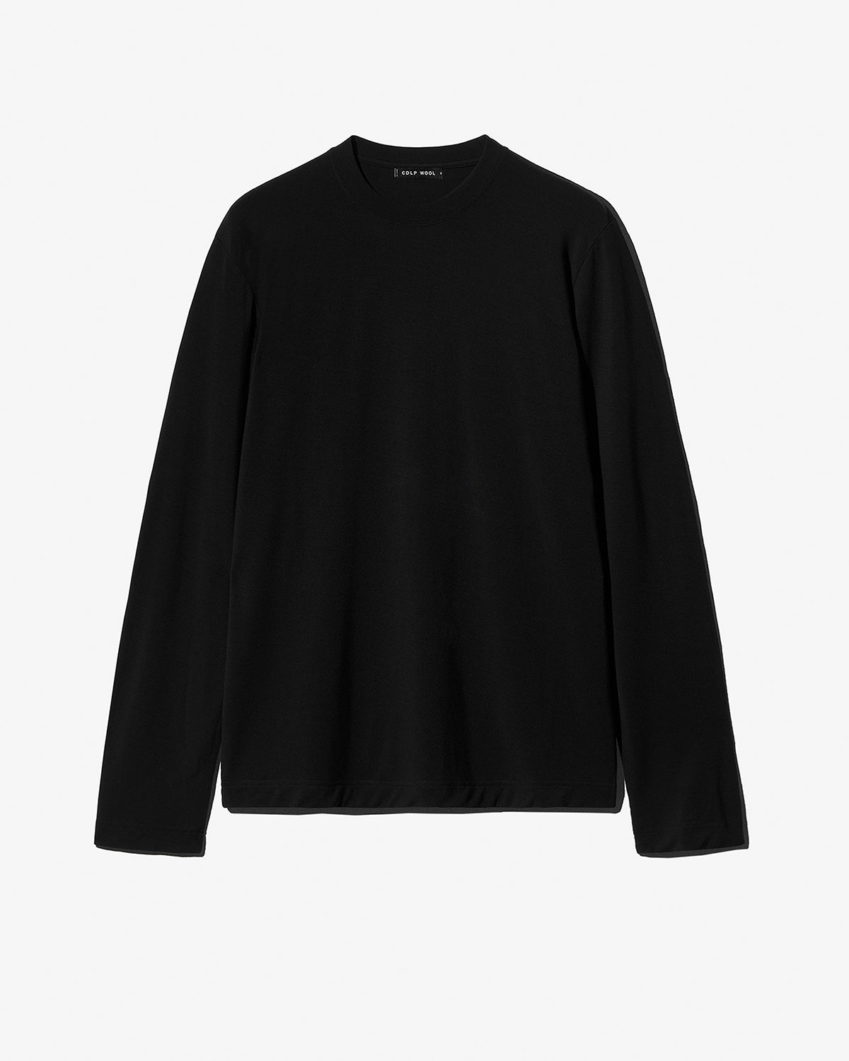 Our black Merino Blend Long Sleeve T-Shirt laid flat, showcasing the minimalist crewneck style and refined fabric.
