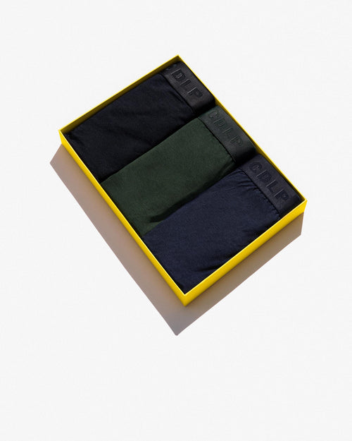 3 × Lyocell Boxer Shorts in Black + Navy Blue + Army Green In signature yellow box