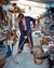 Melker cleaning the garage wearing Home Robe in Navy Blue
